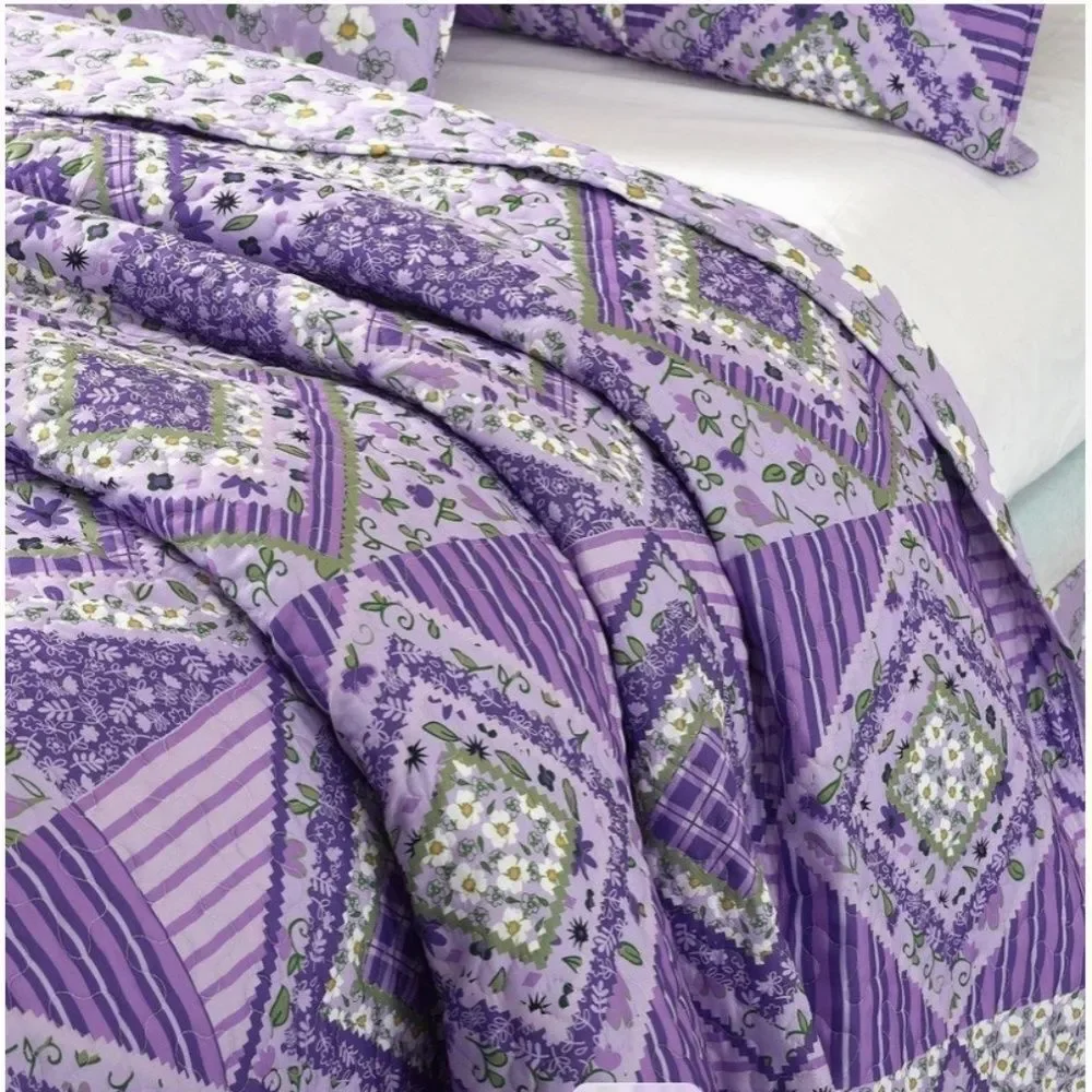 Purple Lavender Floral Printed Patchwork Queen Quilt Set Cottage Farmhouse